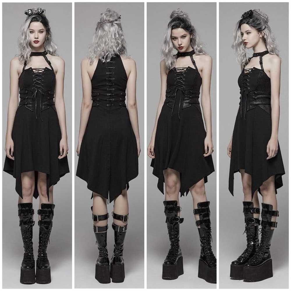 Punk Rave - Women's Goth Lacing Halterneck Irregular Dress - XS/S